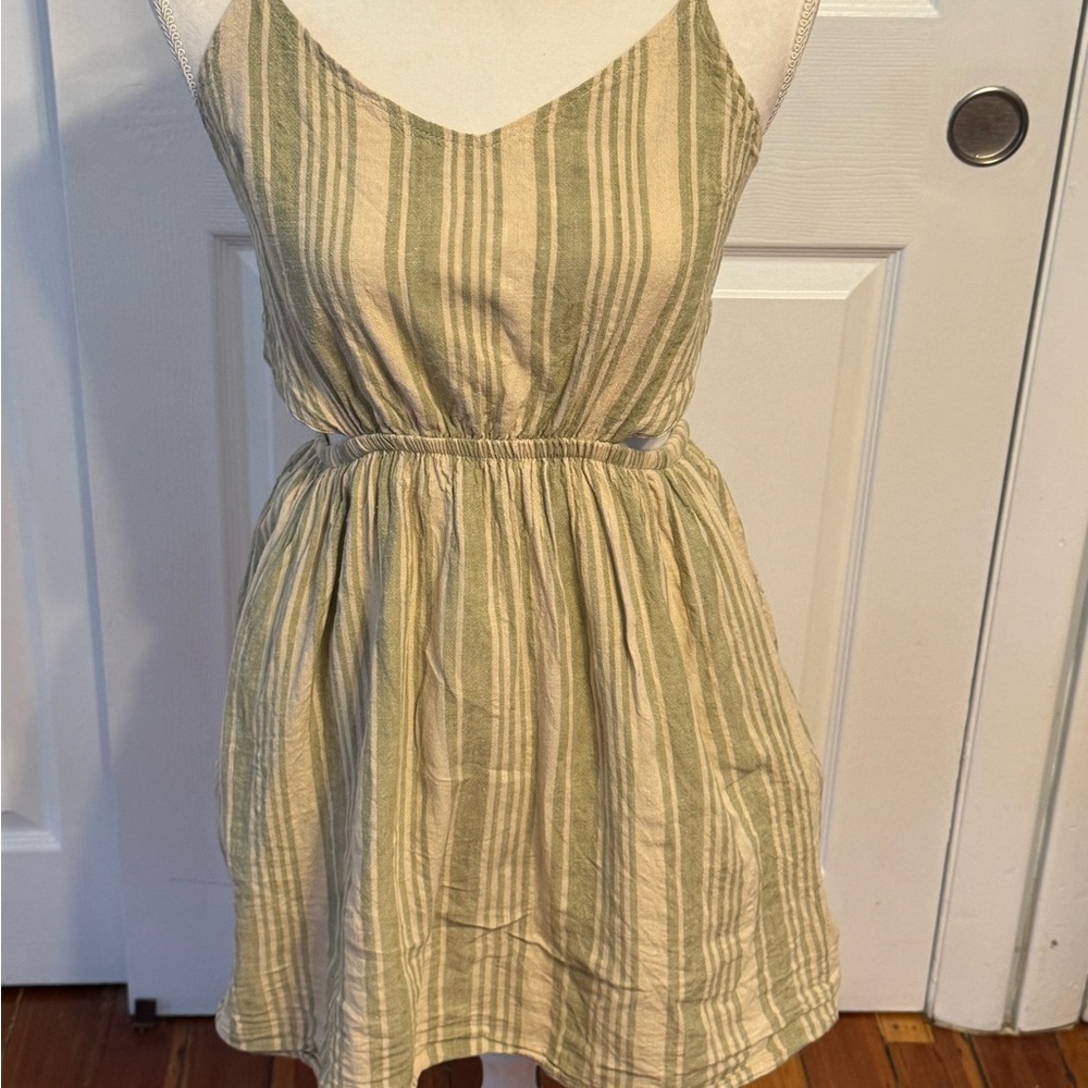 American Eagle Outfitters Green Beige Striped  Summer Cutout Midi Bow Dress - Picture 4 of 10
